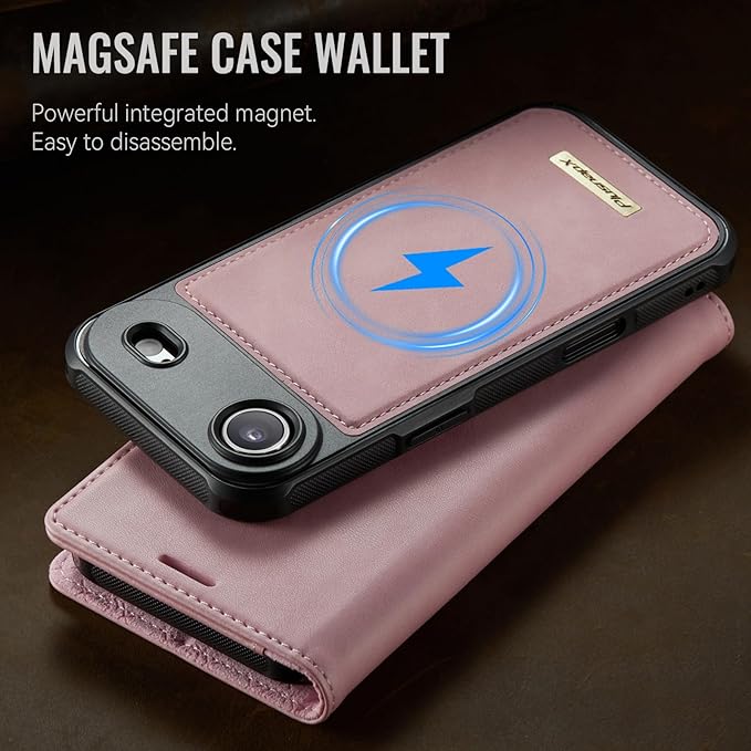 PlusnapX Wallet Case for iPhone Air Compatible with Magsafe, 2-in-1 PU Leather Flip RFID Blocking Card Holder Stand ShockAirof Magnetic Detachable Cover for iPhone 17 Air Case 6.5", Pink