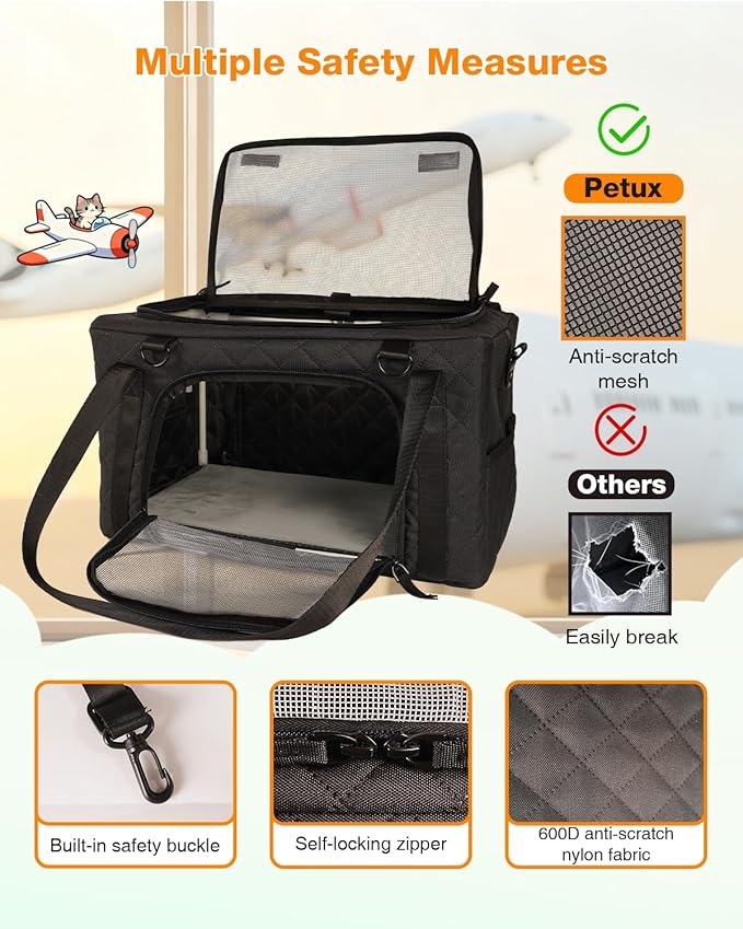 PETUX Airline Approved Cat Carrier for Small Cat - 16" x 10" x 9.5", Double Anti-Escape, Collapsible, Underseat, Under 10 lb with Removable Snack Bag, Safety Buckle, Leash - Ideal for Travel - Grey