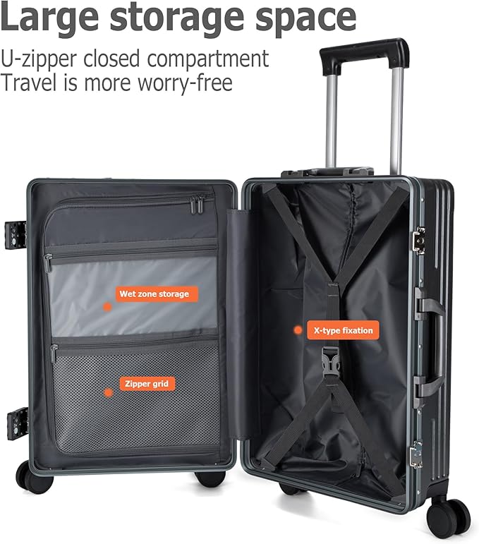 feilario 20in Aluminium Frame PC Hard Shell Spinner Wheels Luggage, Built-In TSA lock Carry on Suitcase, with Cup Holder, USB Port, Phone Holder