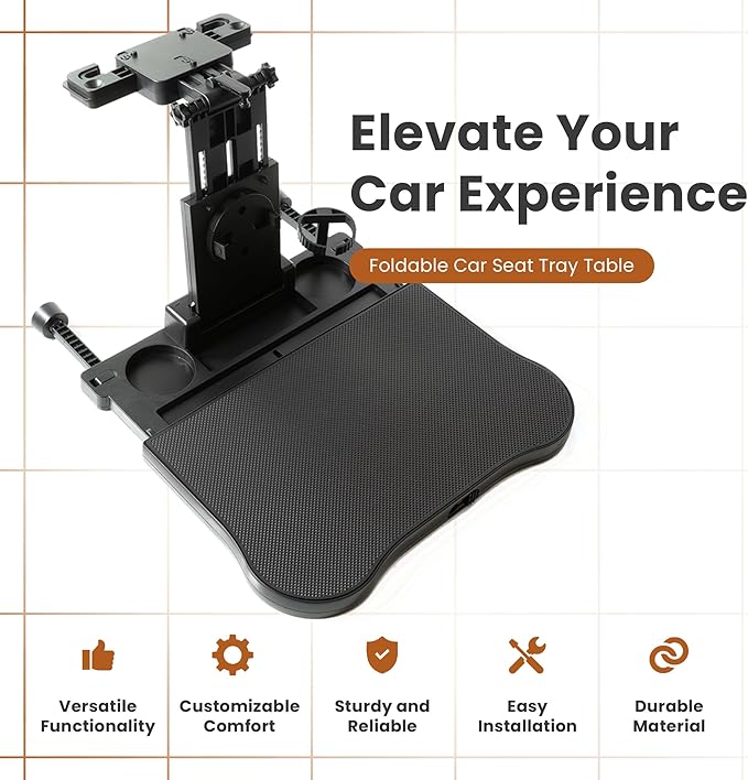 B1bee Foldable Car Seat Tray Table – Adjustable Back Seat Organizer for Kids & Adults, Ideal for Travel, Work, and Meals – Supports Up to 44 lbs