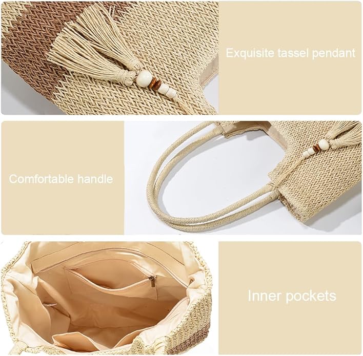 Straw Beach Bags for Women Woven Beach Tote Bag Casual Boho Large Shoulder Handbags Purse for Vacation Holiday