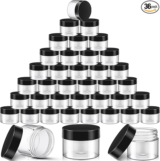 SATINIOR 36 Pieces 4 oz Plastic Jars with Lids Wide Mouth Airtight Reusable Container Acrylic Cosmetic Small Jars for Lotions Ointments Travel Toiletries Creams Make up Storage(Black)