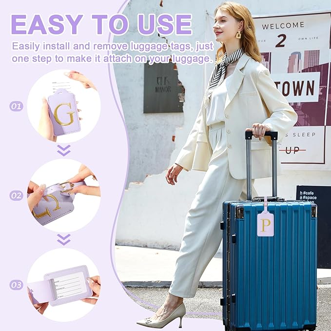 Personalized Initial Luggage Tags for Suitcase, Purple Leather Cute Luggage Tags with Privacy Cover Name Card, Embroidered Custom Monogrammed Luggage Tag Travel Backpack Tags Gifts for Women Kids(P)