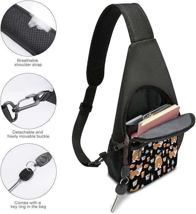 SWEET TANG Cute Sling Shoulder Backpacks Shiba Inu Black Print Dog And Beverage Bags Chest Sack, Anti Theft Crossbody Rucksack for Hiking Traveling Sports, Multipurpose Daypacks for Men Women