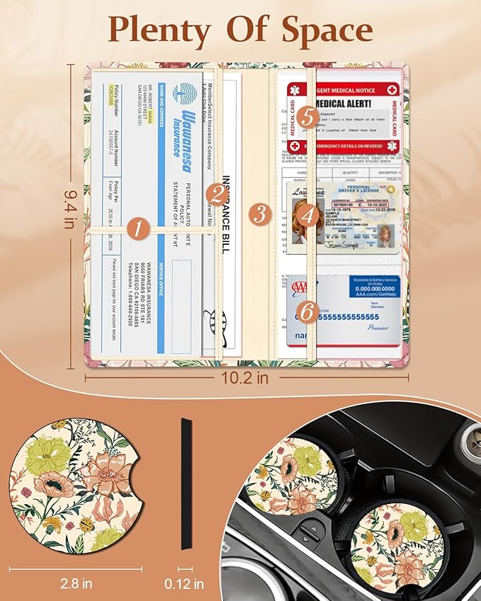 Slohif Car Registration and Insurance Card Holder with Magnetic Shut - Vehicle Glove Box Organizer Women Leather Automobile License Holders Coasters Auto Case for Document Flower Floral