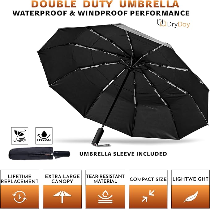 DryDay Travel Umbrellas for Rain - Large Windproof Double Canopy Umbrella, 10 Durable Ribs, Strong Frame, Auto Open Close Ergonomic Handle, Compact Waterproof Umbrella for Women & Men