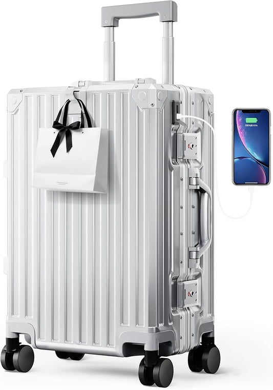 ALPHA CAMP Carry-On 20 Inch Luggage, Dual Layer Aluminum Frame with TSA 22x14x9 Airline-Approved Spinner Wheel, PC Hardside Zipperless sLightweight Suitcase, Type-C USB Charging Port, Cup Holder