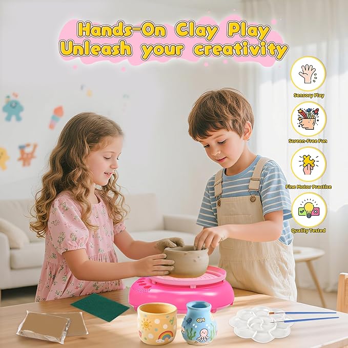 Weilim Pottery Wheel for Kids Complete DIY Pottery Painting Kit for Ages 8-12 Beginners with 4 Air-Dry Clay Packs and Tools, Arts Supplies Toys Birthday Gift for Boys Girls 6+ Years Old (Pink)