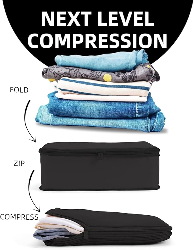 6 Set Compression Packing Cubes for Travel, Large Medium Small Luggage Organizers, Storage Bags for Clothes (6 Pack, Jet Black)