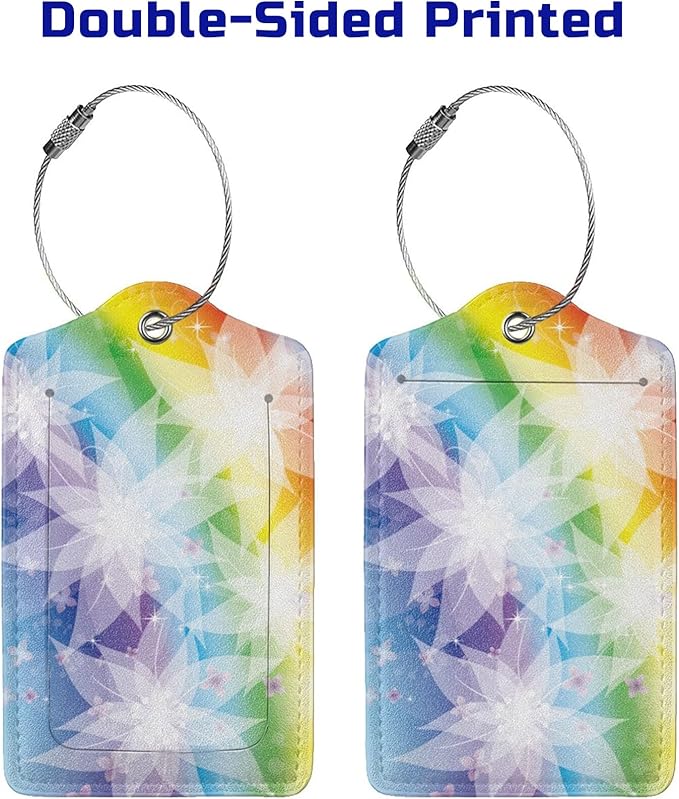 2 Pieces Rainbow Luggage Tags for Women Girls, Beautiful Leather Tags for Luggage with White Flower Pattern, Suitcase Tags with Privacy Cover ID Name Labels