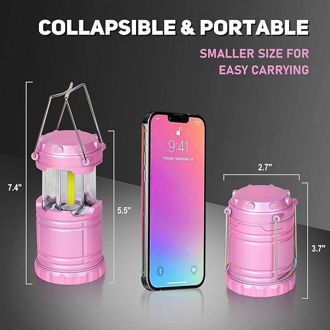 4-Pack Mini LED Pink Camping Lanterns, Portable Camping Lights, Outdoor Handled Lamps, Essential Emergency Lights for Power Outages, Hiking, Hurricane