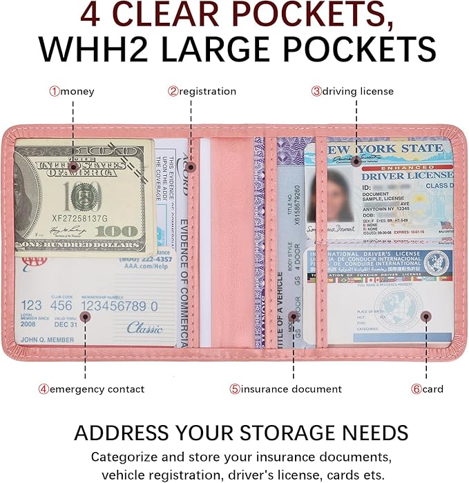 2-Pack Registration and Insurance Card Holder, Vehicle Glove Box Car Organizer with Magnetic Closure, Interior Pink Car Accessories for Documents, Cards, License Storage
