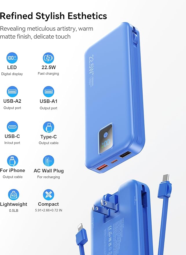 Portable Charger, 12000mAh 22.5W Fast Charging Power Bank with Built-in Cables & Wall Plug, Travel Essential Battery Pack with LED Display, USB C Battery Phone Charger for iPhone, iPad, Samsung Navy