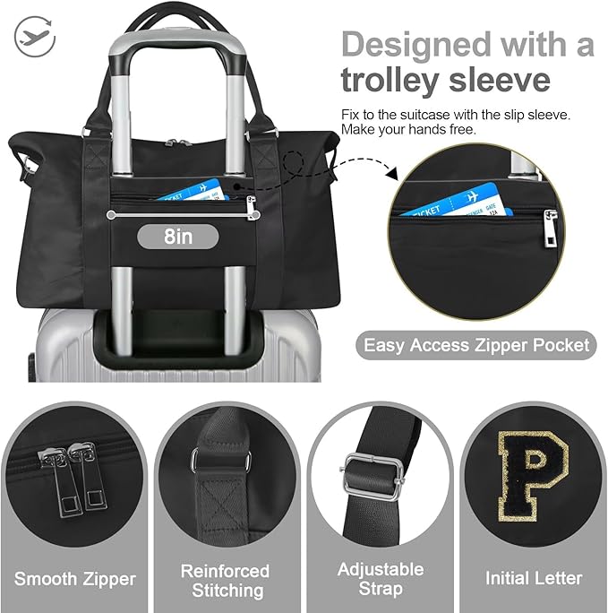 Dance Gym Duffel Bag for Teen Girls, Personalized Initial Travel Weekender Bag,Cute Overnight Carry On Duffle for Women,Sports Travel Cheer Bag,Monogram Christmas Gifts for Tween Preppy(black-P)