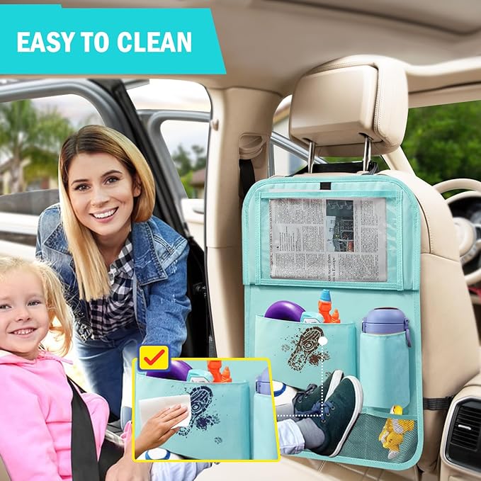 2Pack Car Backseat Organizer with Foldable Table Tray,6 Storage Pockets Car Storage Organizer with Tablet Holder,Car Seat Back Protectors Kick Mats Travel Accessories Blue