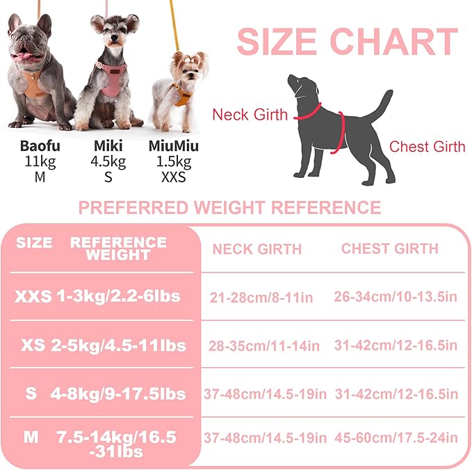 Puppytie No Pull XXS Puppy Harness with Multifunction Dog Leash,Soft Adjustable No Choke Escape Proof Pet Harness Vest,Pink,XXS