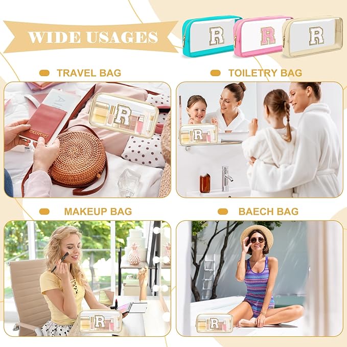 Personalized Initial Letter Clear Makeup Bag,Preppy Small Nylon&PVC Cosmetic Zipper Bag with Chenille Letter,Portable Beach Travel Skincare Toiletry Bag,Trendy Monogram Gift for Teen Girls Women,R