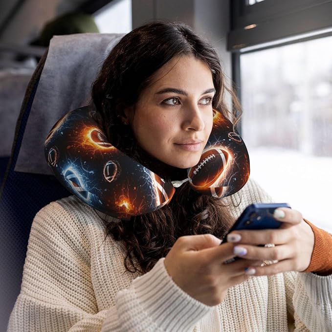 Memory Foam Airplane Pillow Space Fire American Football for Car Chin Head Neck Supporting, U Shape Pillows Travel Cushion for Office, Nap Sleeping