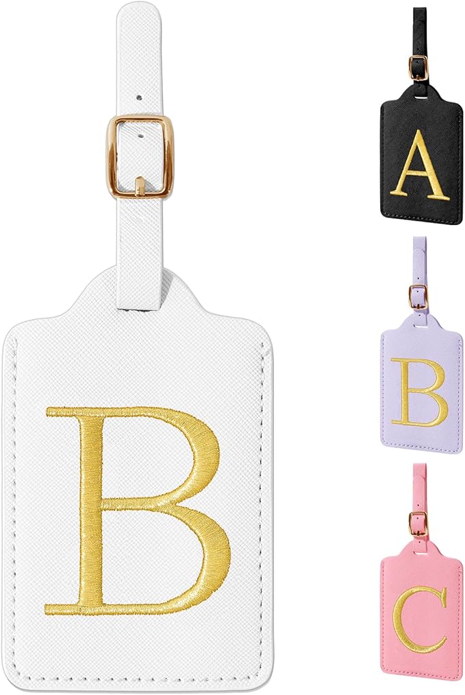 Personalized Initial Luggage Tags for Suitcase TSA Approved, White Leather Cute Luggage Tag with Privacy Cover Name Card, Embroidered Custom Luggage Tags Travel Baggage Tags Gifts for Women Kids(B)