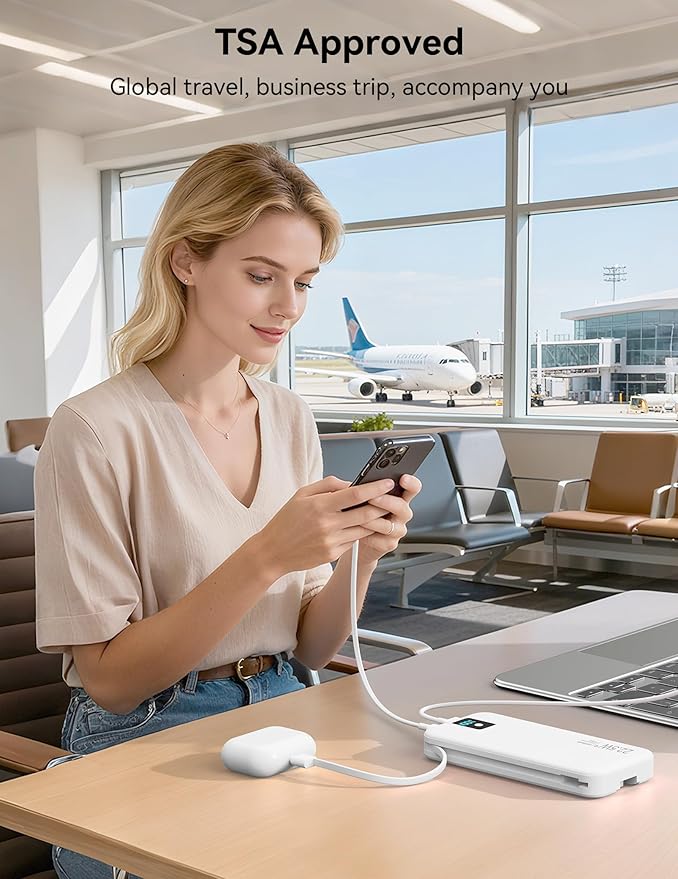 Portable Power Bank, 12000mAh 22.5W Fast Charging Phone Charger with Built-in Cables & Wall Plug, Travel Essential Battery Pack with LED Display, USB C Battery Charging Bank for iPhone, Samsung White