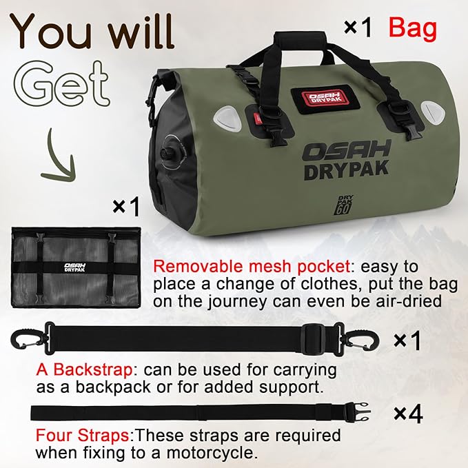 Waterproof Duffel Bag - Motorcycle Dry Bag Tail Bag with Large Storage Space, Waterproof Luggage Duffle Bags with Outer Mesh Zipper Pocket for Camping, Kayaking, Fishing & Traveling