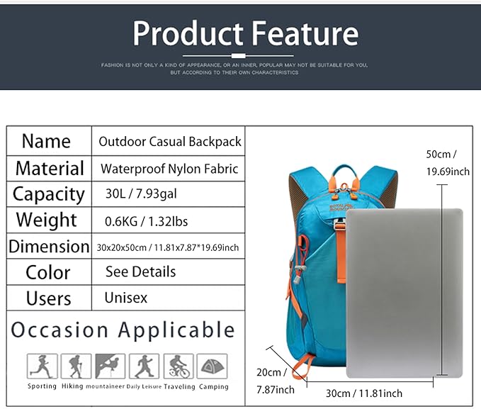 Hiking Backpack 30L Foldable Travel Daypack For Women Men,Camping Daypack Backpacks Lightweight,Durable Hiking Backpack Fit For Hiking,Daily Commuting,Short Trips.(With Rain-cover)