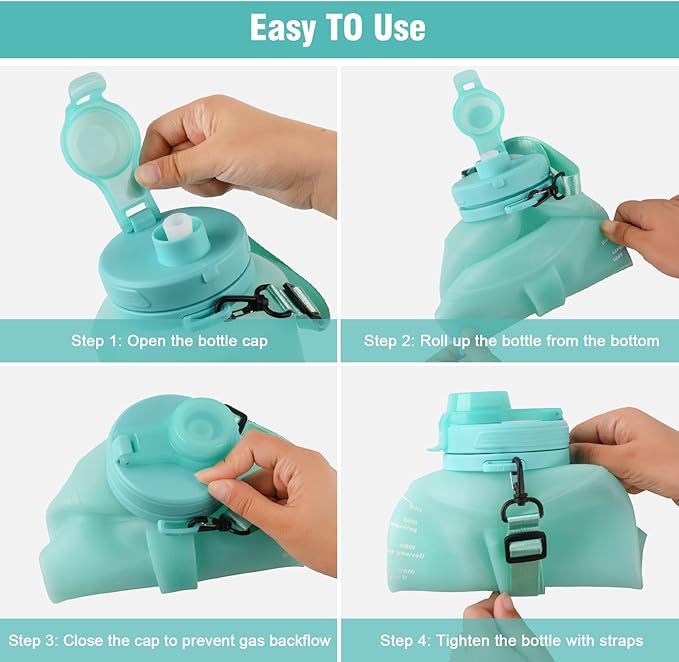 Collapsible Water Bottles, 2L/64OZ travel water bottle Bottle with Straw, Half Gallon Large Water Bottle for Travel Outdoor Sports Runing Fitness Yoga (Upgraded Snow Cyan)