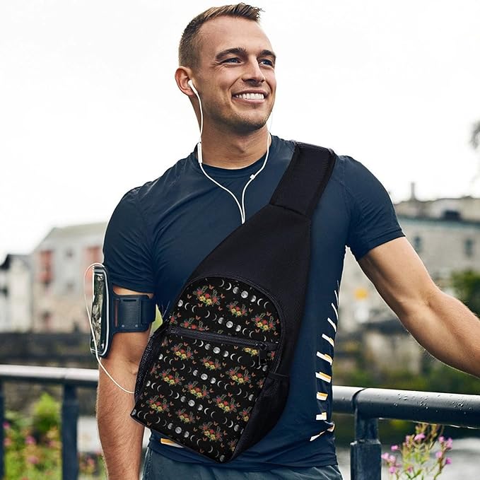 SWEET TANG Polyester Shoulder Sling Bag Multipurpose Casual Sport Daypack Unbalance Backpack with Small Pocket and Smooth Zipper, Moon Phase Floral
