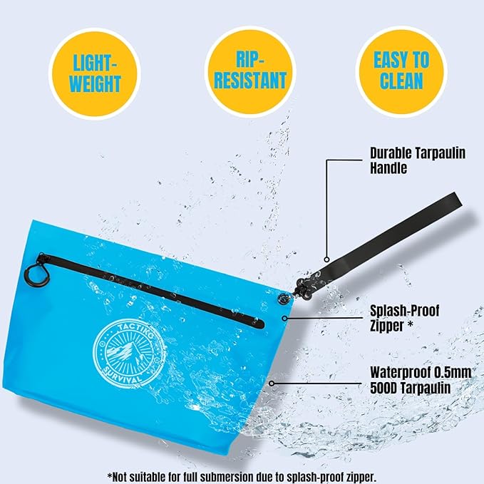 Tactiko 3L Water Resistant Pouch - Waterproof Material w/Splashproof Zipper - Hold All Zipper Bag for Storage, Toiletries,Travel, Beach, Cruise, Home (Blue)
