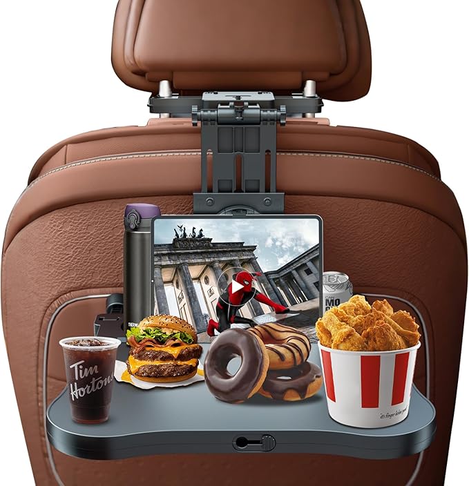 zorunowa Car Back Seat Tray Table-Stable Auto Backseat Food Trays Desk for Rear Passenger Road Trip Eating & Work, Multifunctional Adjustable Travel Tray with Phone Drink Holder for Laptop iPad