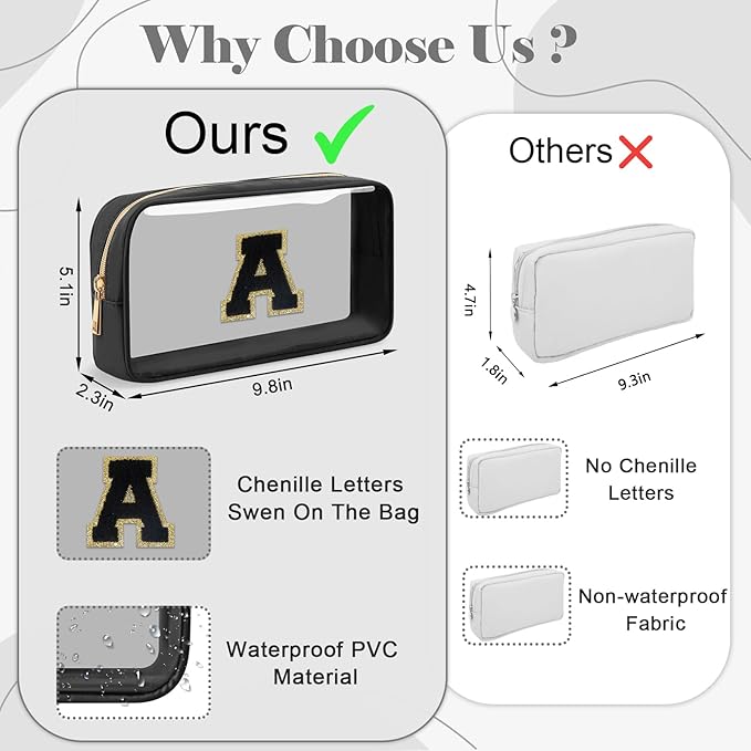 Personalized Initial Letter Clear Makeup Bag,Preppy Small Nylon&PVC Cosmetic Zipper Bag with Chenille Letter,Travel Skincare Toiletry Bag,Monogram Christmas Gift for Teen Girls Women,M