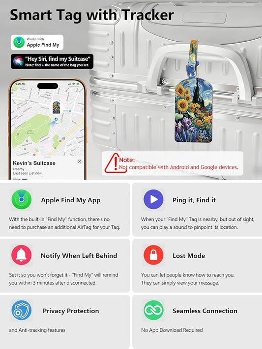 Luggage Tags Built-in Anti-Loss Tracker, Luxury Leather Luggage Tags for Suitcase, Travel Bags, Backpacks, Travel Organizer for Lost Baggage Prevention (Sunflower)