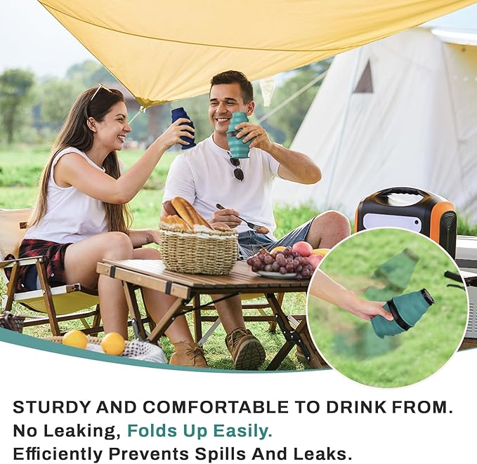 2pcs Collapsible Water Bottles,600ml Foldable Water Bottle BPA Free Reusable Lightweight LeakProof Silicone Bottle for Travel Hiking Camping Sports,Collapses to 1.5” with Anti-Collapse Ring