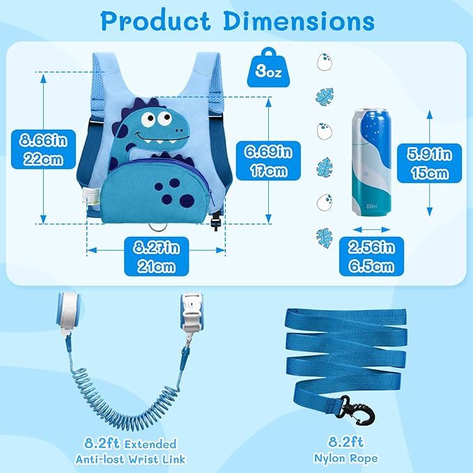 3 in 1 Toddler Harness Leash + 8.2ft Anti Lost Wrist Link, Cute Dinosaur Kids Safety Harness with Key Lock, Child Walking Harness Assistant Strap for Outdoor Activity Travel