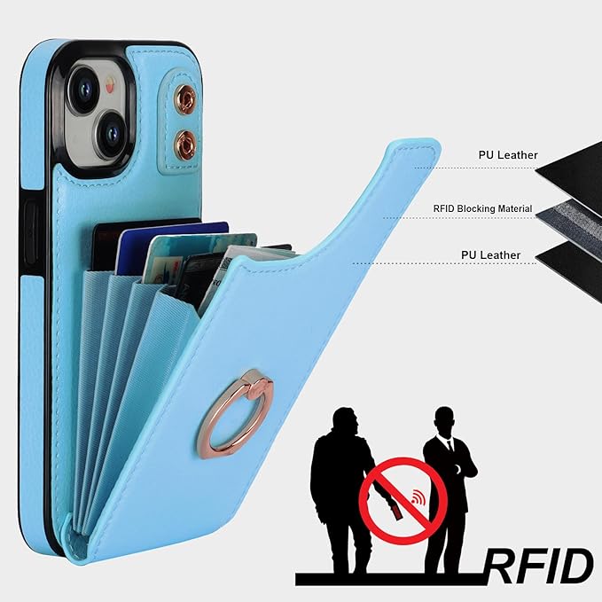 Folosu Compatible with iPhone 15 Case Wallet with Card Holder, 360°Rotation Finger Ring Holder Kickstand, RFID Blocking Leather Protective Double Buttons Shockproof Cover 6.1 Inch Blue