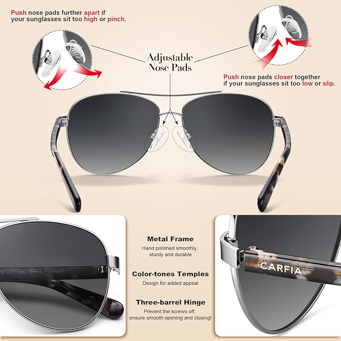CARFIA Polarized Sunglasses for Women UV Protection Acetate Arms Metal Frame Woman's Shades CA3216