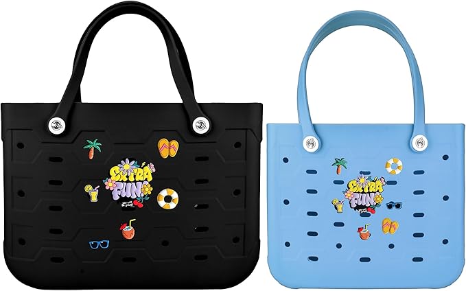 2-Piece Tote Bag Set, Waterproof Rubber Beach Bag with Summer Pattern, Medium & Large Handbag for Pool, Beach, Boat