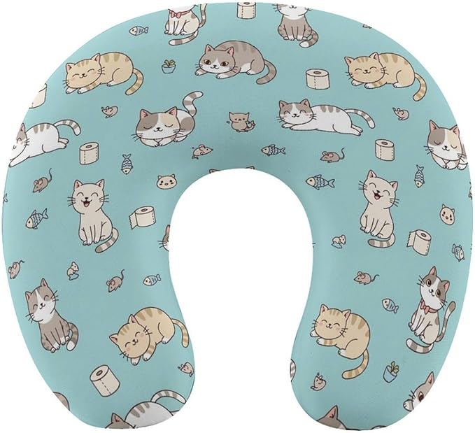 Memory Foam U-Shaped Travel Pillow Neck Pain Relief, Cute Funny Cats Mint Green Art U-Shape, Removable Cover Airplane Car Office