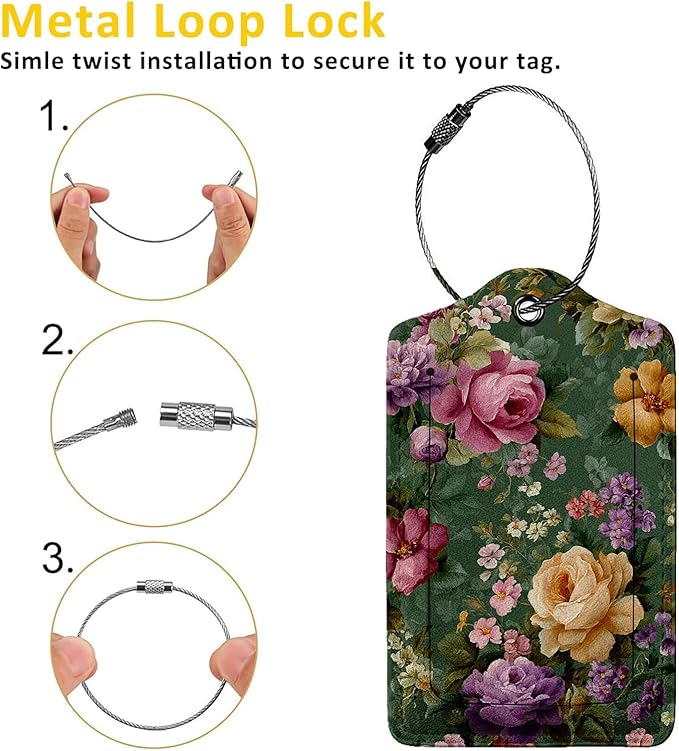 Vintage Beautiful Floral 3 Pack Luggage Tags, PU Leather Luggage Tags for Suitcase,Name ID Labels with Privacy Cover Suitcases and Metal Loop for Travel Bag Suitcase