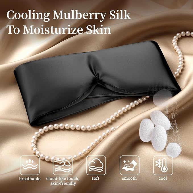 USlixury Silk Sleep Mask, 3D Contoured Sleeping Masks, Blackout Sleep Masks for Women with Nose Wing,100% Mulberry Silk, Face-Hugging Non-Slip SLEP Mask for Side Sleeper, 27.5x4.5'', Black