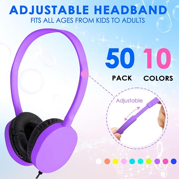 Bulk Headphones 50 Pack Multi Colored for Classroom Kids, Wholesale Wired Adjustable Headphones Earphones for Students, Schools, Children, Libraries, Museums
