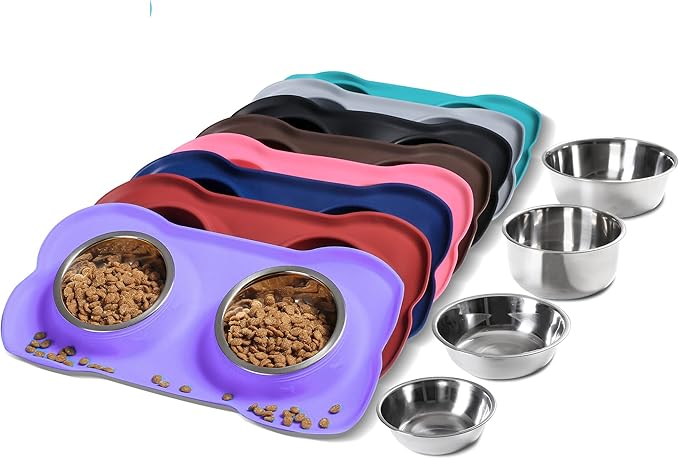 Hubulk Pet Dog Bowls 2 Stainless Steel Dog Bowl with No Spill Non-Skid Silicone Mat + Pet Food Scoop Water and Food Feeder Bowls for Feeding Small Medium Large Dogs Cats Puppies (Medium, Purple)