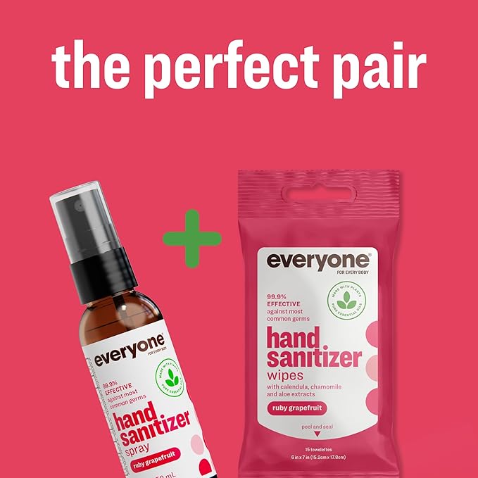 Everyone Hand Sanitizer Wipes, 15 Wipes (Pack of 6), Ruby Grapefruit, Made with Sugarcane Derived Alcohol with Essential Oils, TSA friendly