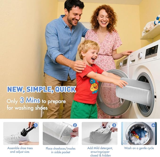 Shoe Washing Machine Bag for Washer and Dryer - Reusable Lint-free, Large Laundry Shoe Bag for Sneakers Tennis Home Washing Kit, Includes Shoe Trees to Prevent Deformation, Grey 2pcs