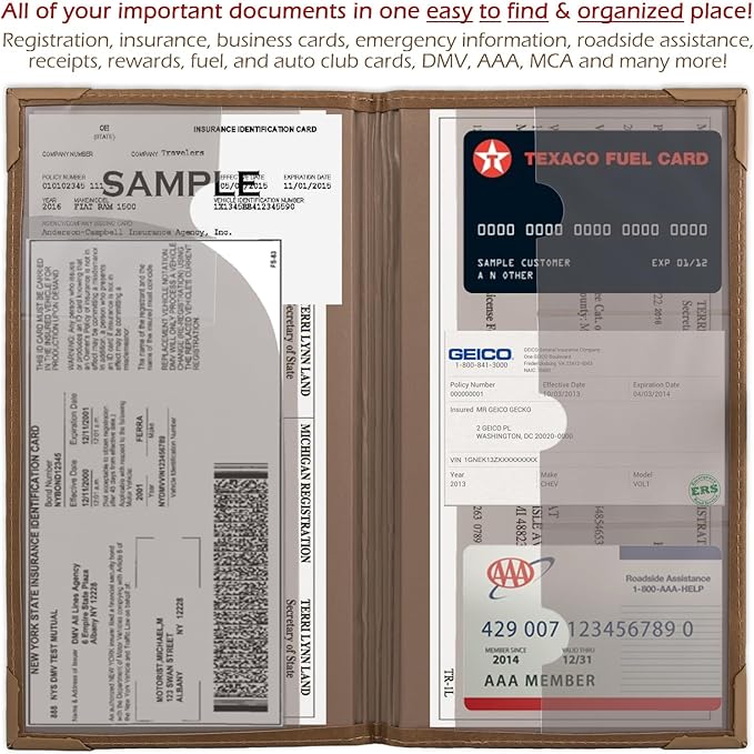 Auto Insurance and Registration Card Holder - Vehicle Glove Box Document Organizer - Car Essential Paperwork Holder for DMV, AAA, Contact Information Cards - Premium PU Leather Wallet Case - Brown