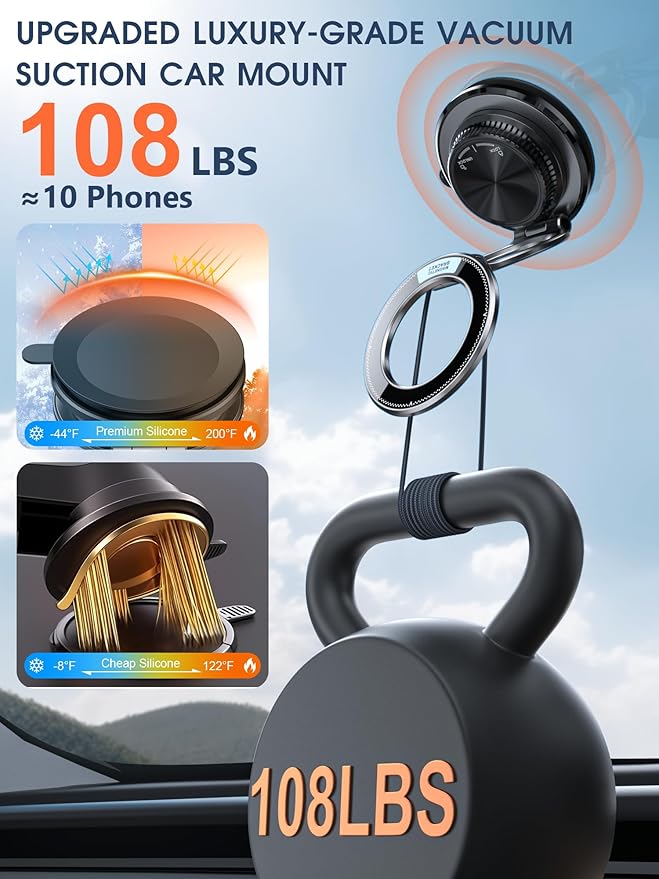 Ultra-Thin Vacuum Magnetic Car Phone Holder for MagSafe[108+LBS Strongest Suction & 3000gf Strongest Magnetic],360°Adjustable Suction Cup Phone Mount for Gym,Mirror,Men Women-Obsidian Black