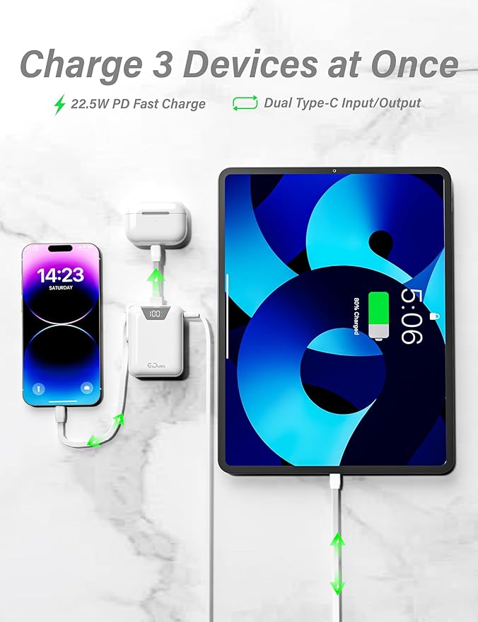 Mini Portable Charger, 10000mAh Ultra-Compact Power Bank, 22.5W PD Fast Charging, Tpye-C Built-in Cable, Small Size External Battery Pack for iPhone, Samsung, Android iPad (White)