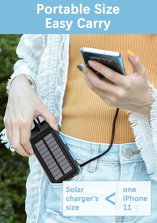 Solar Charger Power Bank - 36800mAh Solar Phone Charger, USB-C QC3.0 Fast Charger with LED Flashlight, IP65 Waterproof Portable Power Bank for Camping, Hiking Outdoor Activities（Blue）