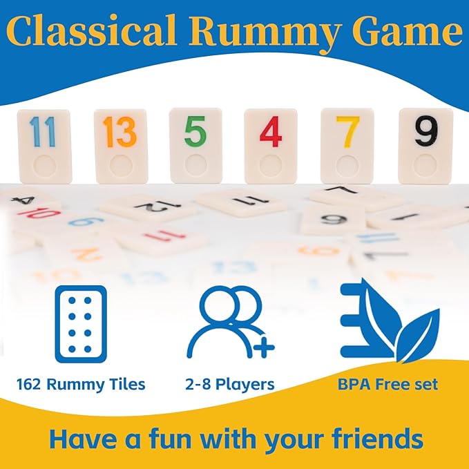 Deluxe Rummy Cube Game Set 6 Colors with 8 Wooden Racks 162 Rummy Tiles, Travel Family Board Game for Adults and Kids Age 8+,Birthday Gifts for Women Men Dad Mom