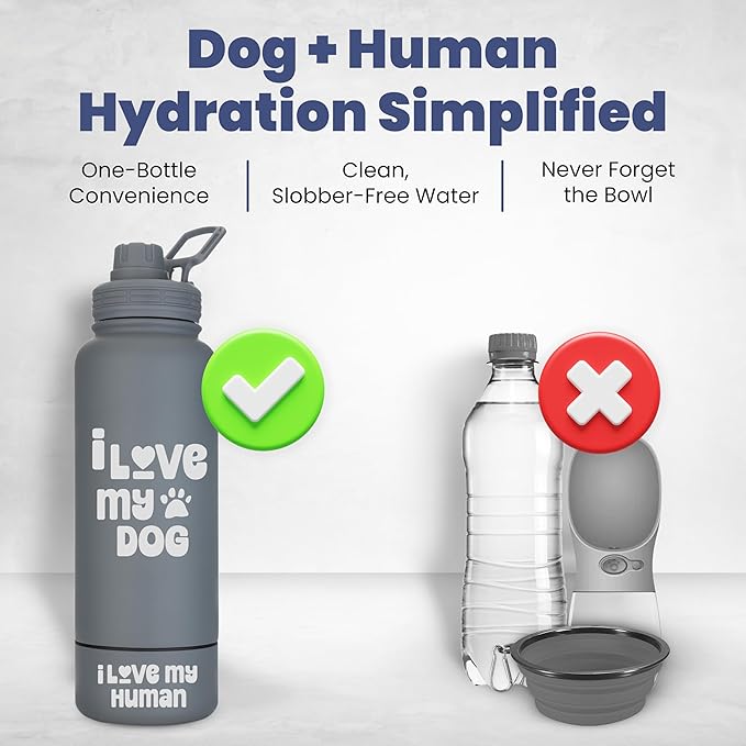 Dog Water Bottle for Dog Lovers - 32 oz Stainless Steel Double Wall Insulated Water Bottle with 8 oz Detachable Bowl on Bottom- Ideal Gift for Doggy Lovers for Christmas - “Love Smoky Grey